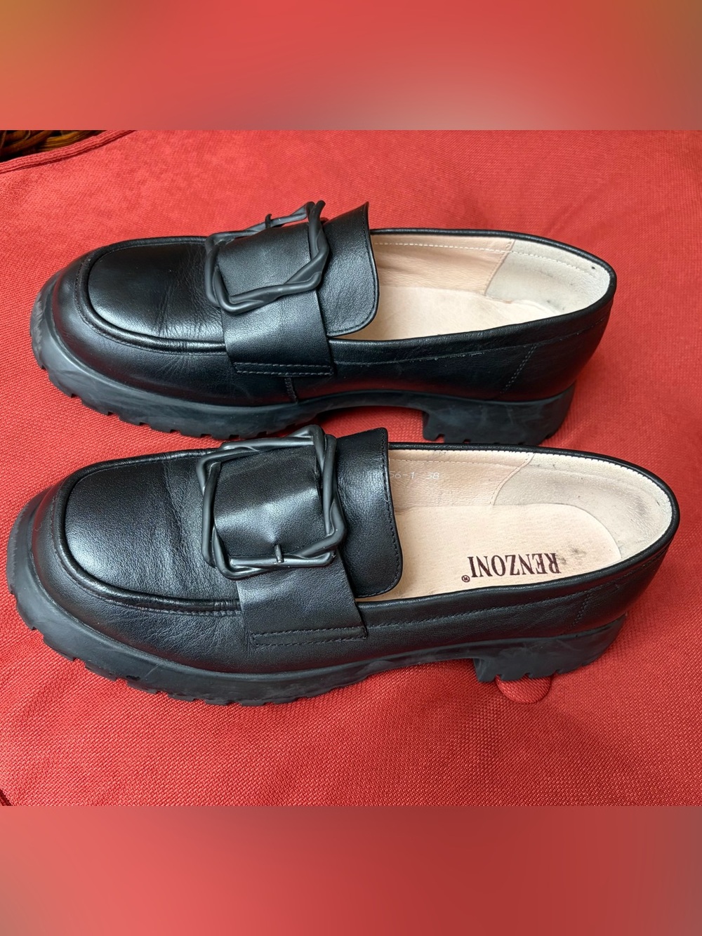 Black Leather Buckle Loafers for Women